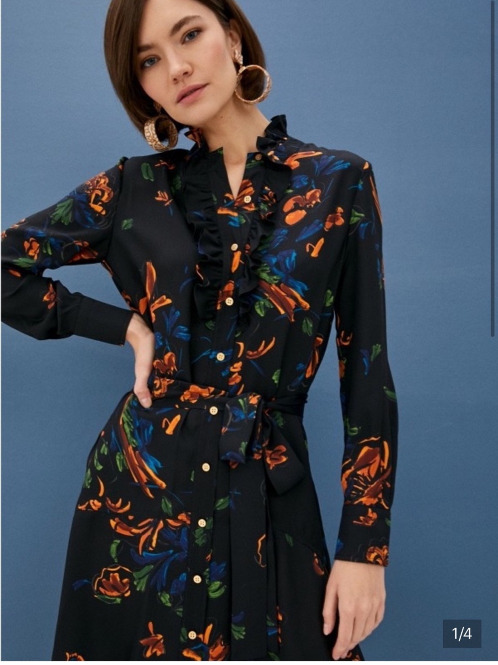 Tory Burch Black Floral Ruffle Shirt Dress with Tie Waist